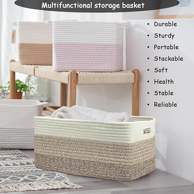 COMFY-HOMI 3 pcs Large Storage Baskets for Shelves, Laundry Basket, Woven Rope Basket, Closet Organizer Bins for Clothes Blanket Towels, Baby Nursery, Gift Toy Baskets, 17” x 13” x 7.5”-White/3 Brown