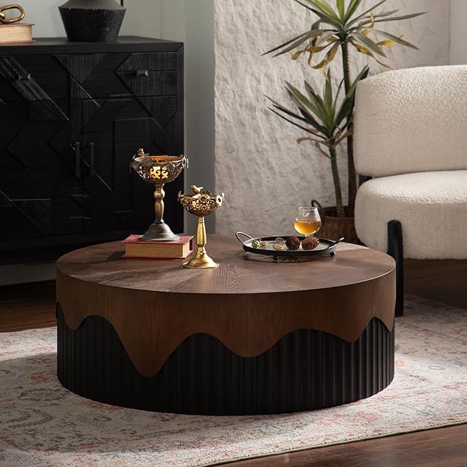 Round Coffee Table, 38.97" Circle Accent End Table, Morden Drum Side Table, Fluted Wooden Center Table for Living Room, Fully Assembled - Walnut and Black