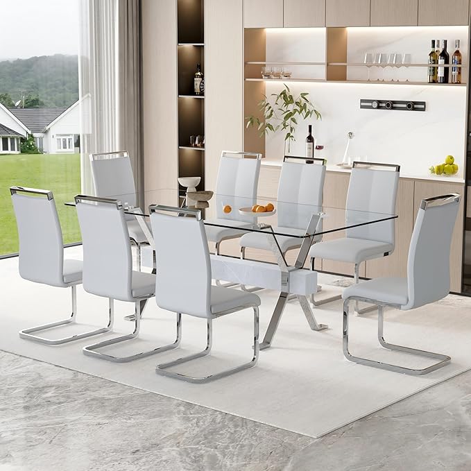 9 Piece Glass Dining Table Set, 79" Modern Dining Table Set for 8, 0.5" Thick Tempered Glass Tabletop with Silver Chrome Metal Legs and Grey Crossbar, 8 PU Chairs for Dining Room, Kitchen
