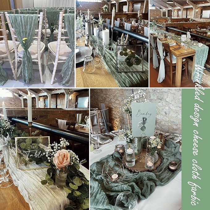 8 Pack 10 Ft Sage Green Cheesecloth Table Runner 35 x 120 Inch Gauze Rustic Christmas Table Runner, Romantic Sheer Boho Cheese Cloth Table Runners for Wedding Bridal Shower Party Decoration ﻿