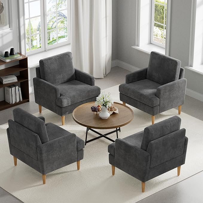 VKNOW Mid-Century Accent Chairs Set of 4, Modern Upholstered Chenille Armchair for Living Room,Comfy Reading Accent Chairs with Wood Legs for Bedroom, Dark Grey