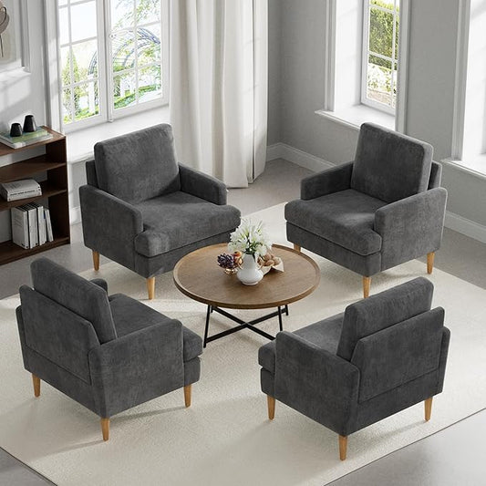 VKNOW Mid-Century Accent Chairs Set of 4, Modern Upholstered Chenille Armchair for Living Room,Comfy Reading Accent Chairs with Wood Legs for Bedroom, Dark Grey