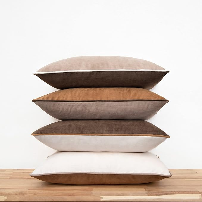 MONDAY MOOSE Decorative Throw Pillow Covers Cushion Cases, Set of 4 Soft Velvet Modern Double-Sided Designs, Mix and Match for Home Decor, Pillow Inserts Not Included (12x20 inch, Brown/Beige)