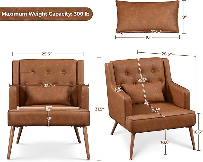 Yaheetech Accent Chair, Living Room Chair Mid Century PU Leather Armchair Lumbar Pillow, Comfy Upholstered Reading Chair Wood Leg Bedroom Brown 2PCS