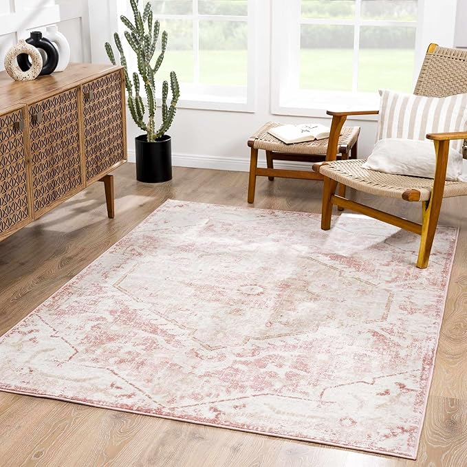 Blush & Light Pink Collection Leonora Bohemian Oriental Medallion Area Rug - Traditional Floral Carpet for Living Room, Bedroom - Blush, Pale Pink, Cream - 3'11" x 5'7"