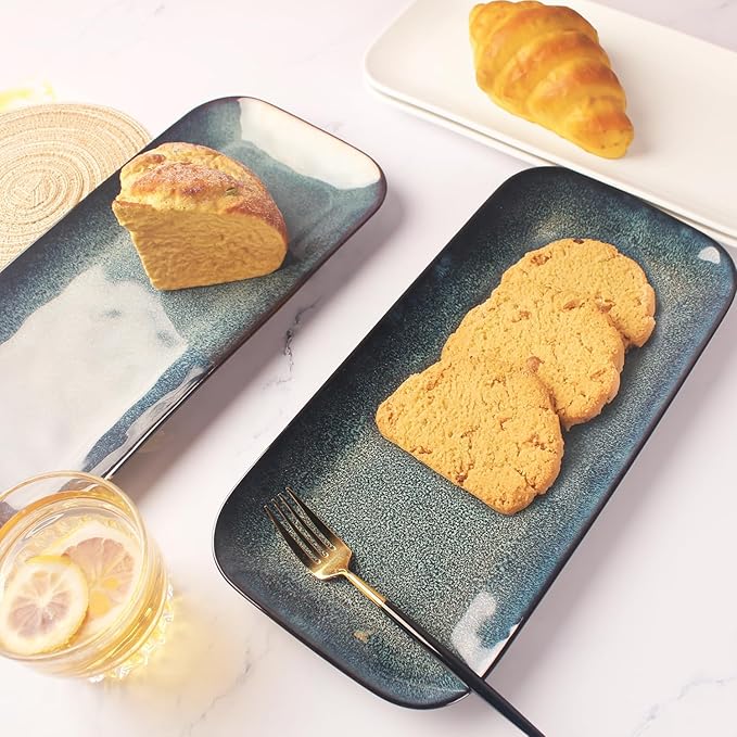 Serving Platters Set of 4, Rectangular Serving Plates, Serving Trays for Entertaining Party, Microwave,Oven,Dishwasher Safe,Kitchen Dinnerware, Blue reactive glaze 12.7 Inch