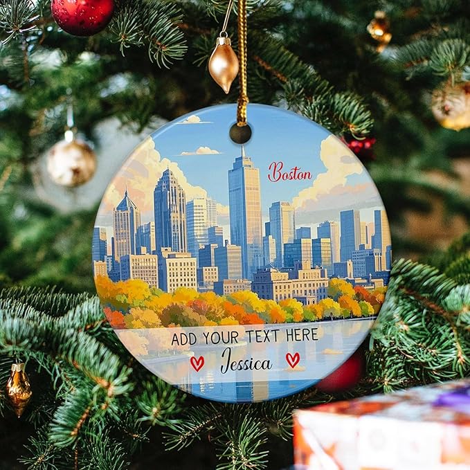 Personalized Massachusetts USA Travel Souvenir Ornament, Custom Text/Name Boston Skyline Ceramic Christmas Tree Ornament 2025, Boston Vacation Trip Xmas Keepsake Ornaments Gifts for Family Friends