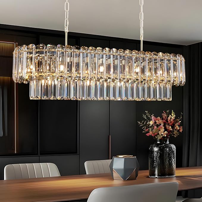 L35.4in Gold Crystal Chandeliers 14-Light Modern Chandeliers for Dining Room Rectangle Luxury Pendant Light Fixture for Kitchen Island,Entryway,Living Room