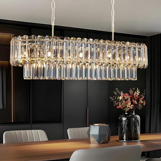 L35.4in Gold Crystal Chandeliers 14-Light Modern Chandeliers for Dining Room Rectangle Luxury Pendant Light Fixture for Kitchen Island,Entryway,Living Room