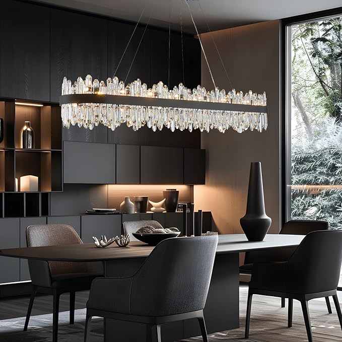 Modern Rectangular Crystal Chandelier, L57” Black Raindrop Chandelier Lighting Contemporary Pendant Ceiling Light Fixture for Dining Room Living Room Kitchen Island, G9 x 32 Lights