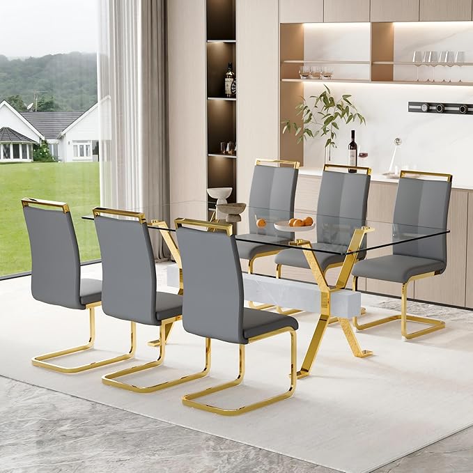 7 Piece Glass Dining Table Set, 79" Modern Dining Table Set for 6, 0.5" Thick Tempered Glass Tabletop with Silver Chrome Metal Legs and Grey Crossbar, 6 PU Chairs for Dining Room, Kitchen