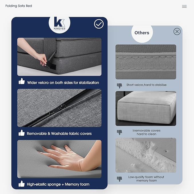 KINGYES 4 in 1 Foldable Sofa Bed, Modern Folding Sleep Chair with Back Cushion, Convertible Chair Sleeper, Grey