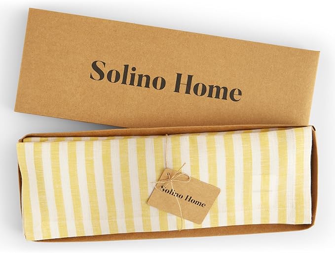 Solino Home Linen Placemats Set of 4 - Amalfi Stripe Primrose Yellow and White Placemats 14 x 19 Inch - 100% Pure Linen Place Mats
