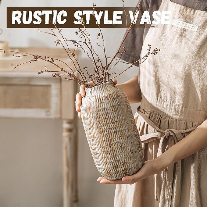 Ceramic Rustic Vase, 9.7 Inch Farmhouse Terracotta Vases for Home Decor, Large Pottery Vase Tall Decorative Flower Vases for Living Room Entryway Table Centerpieces Shelf Decorations