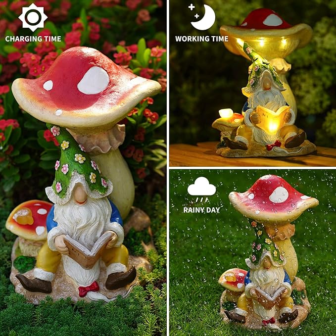 Upgraded Size Solar Garden Outdoor Statues Gnome Reading Under Mushroom with 5 LED Solar Figurine for Lawn,Patio,Balcony,Yard Decor Unique Housewarming Gift for Grandfather, Father,Grandma,Wen