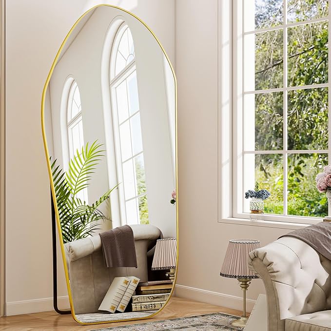 BEAUTYPEAK Full Length Dress Mirror - Floor Mirror 76"x34" Irregular Diamond Shape Aluminum Frame, Standing or Hanging Mirror for Bedroom Living Room Entryway, Gold