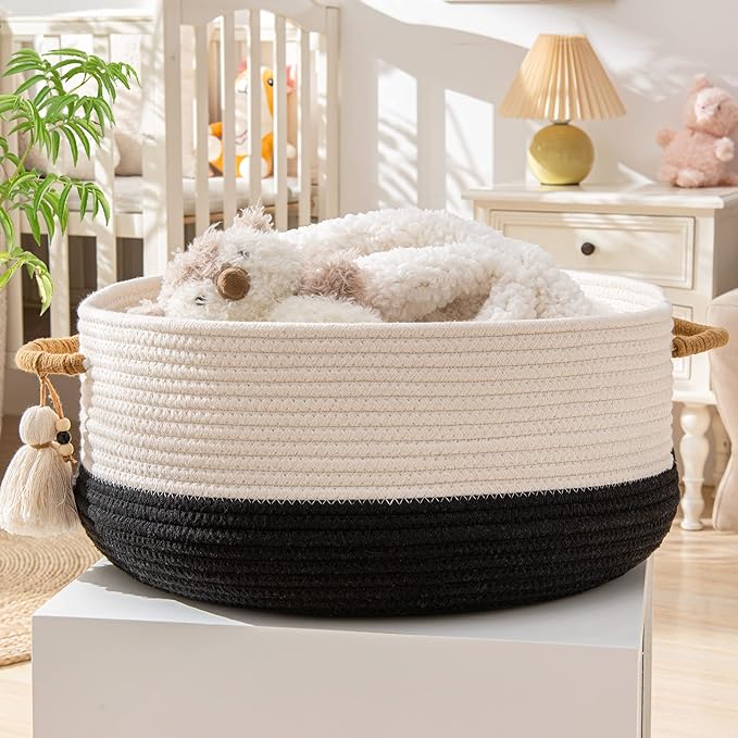KAKAMAY Woven Baskets for Storage(16"x8"),Blanket Basket for Organizing Living Room,Cotton Rope Basket Woven Baby Laundry Hamper,Collapsible Laundry Room Organization,Clothes,Toy Chest(Black)