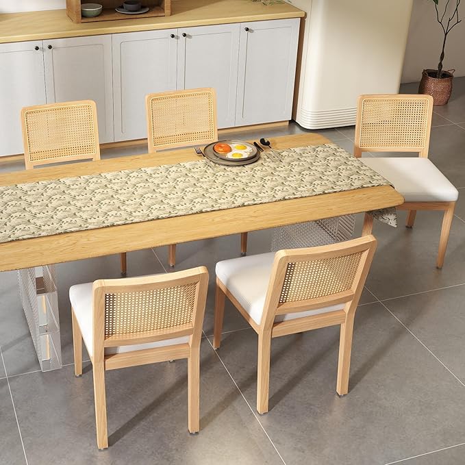 LukeAlon Farmhouse Rattan Dining Chairs Set of 4, Mid Century Modern Chenille Kitchen & Dining Chairs with Solid Wood Legs, Woven Cane Upholstered Kitchen Chairs Side Chairs for Dining Room, White