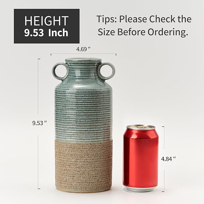 Blue and Brown Ceramic Rustic Vase with 2 Round Handles, Modern Farmhouse Flower Vase, Vintage Terracotta Vases for Home Decor, Wedding, Living Room, Table, Shelf Decor - 9.5 Inch Tall