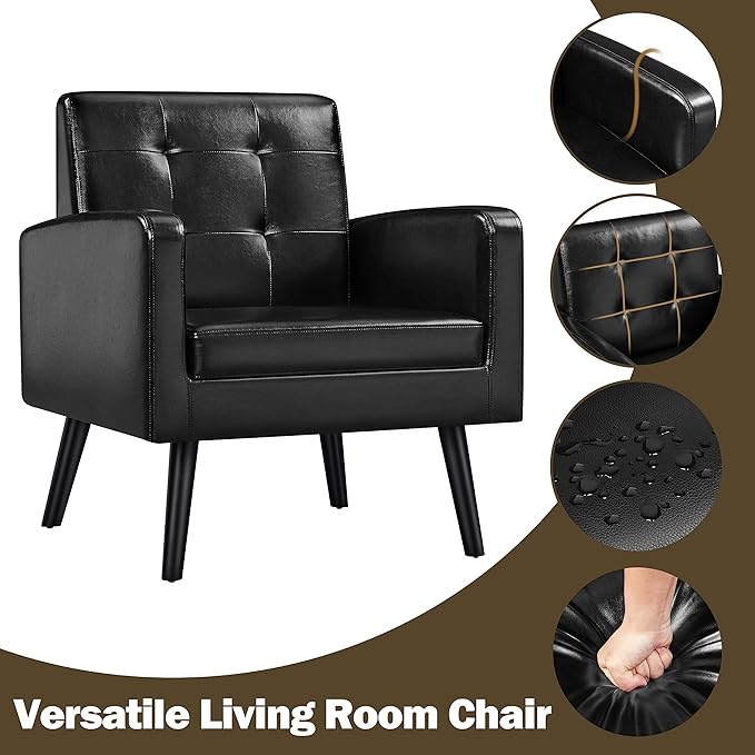 Yaheetech Mid-Century Accent Chairs, PU Leather Modern Upholstered Living Room Chair, Cozy Armchair Button Tufted Back and Wood Legs for Bedroom/Office/Cafe Black 2PCS