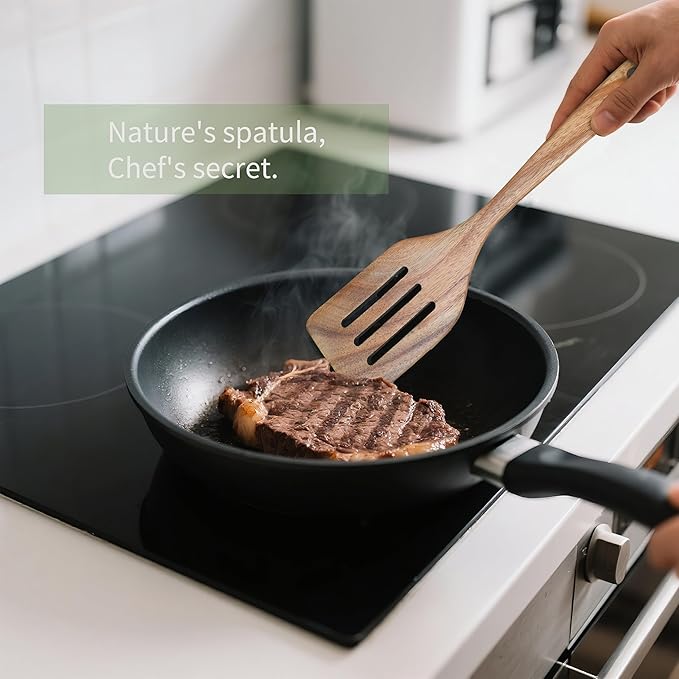 Wooden Utensils, 11 PCS Natural Acacia Wooden Spoons & Kitchen Utensils Set, Non-Stick Spatula Ladle Serving Spoon for Baking Stirring Cooking