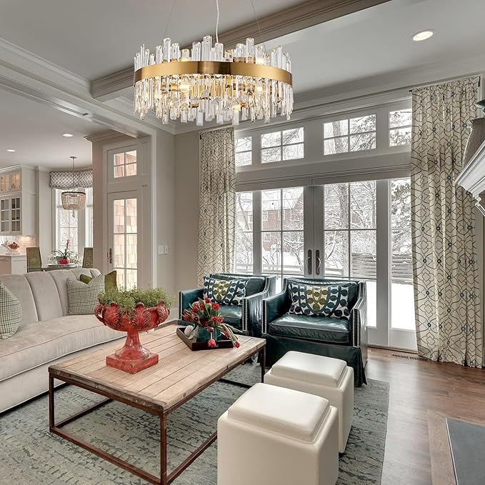 Round Crystal Chandeliers, D23.6 inch 12-Light Brass Gold Chandelier Lighting Fixture, Height Adjustable Pendant Ceiling Light for Living Room Dining Room Bedroom