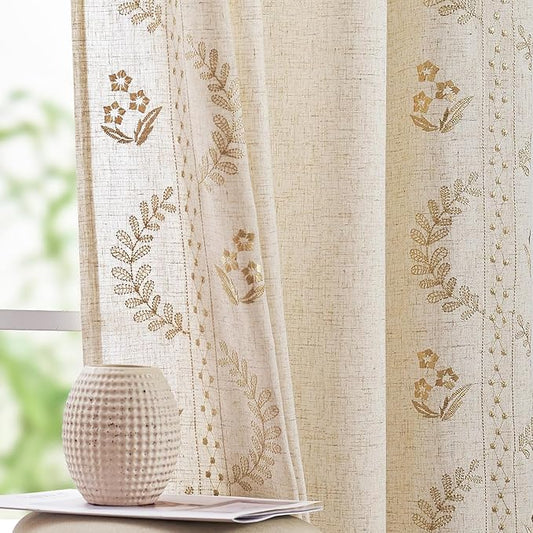 jinchan Belrose Linen Curtains for Bedroom Floral Curtains 72 Inch Length Linen Blend Beige Embroidered Drapes Farmhouse Flower Patterned Drapes for Living Room Window Treatments Set 2 Panels