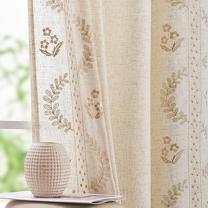 jinchan Belrose Linen Curtains for Bedroom Floral Curtains 90 Inch Length Linen Blend Beige Embroidered Drapes Farmhouse Flower Patterned Drapes for Living Room Window Treatments Set 2 Panels