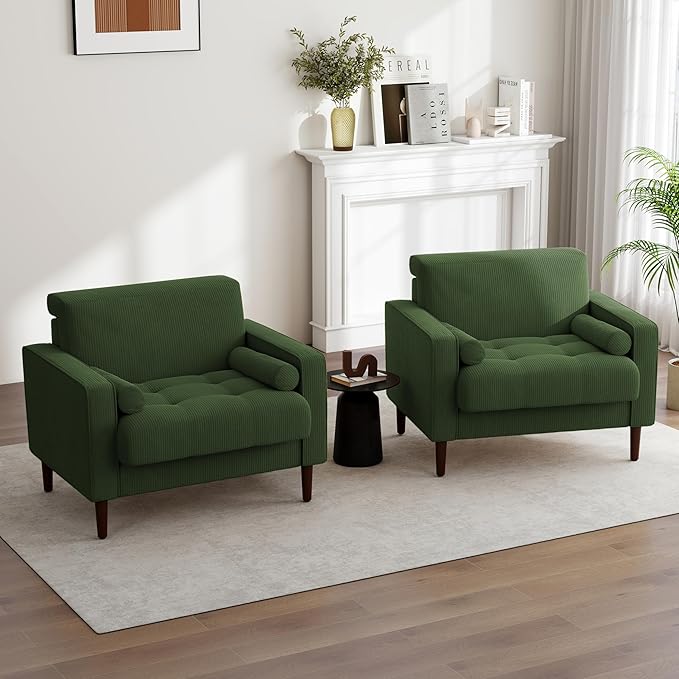 UIXE Accent Chairs Set of 2, Corduroy Fabric Upholstered Armchair Mid-Century Modern Arm Chair for Living Room, Comfy Single Sofa Bedroom Side Reading Seat - Green