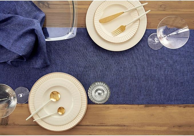 Solino Home Linen Table Runner 144 Inches Long - Athena, 100% Pure Linen Chambray Navy Dining Table Runner 14 x 144 Inch for Fall, Autumn, Thanksgiving, Christmas