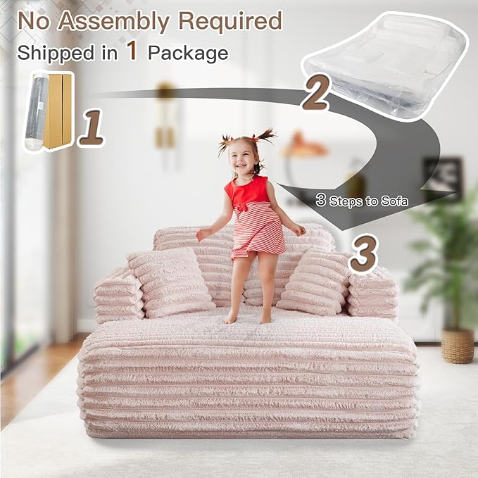 56"W Oversized Chaise Lounge Chair Indoor,Plush Faux Fur Sleeper Sofa Couch Bed with Pillows&Wide Armrest,Fluffy Comfy Cloud Sofa,Compression Foam Boneless Couch for Living Room,Bedroom(Pink)