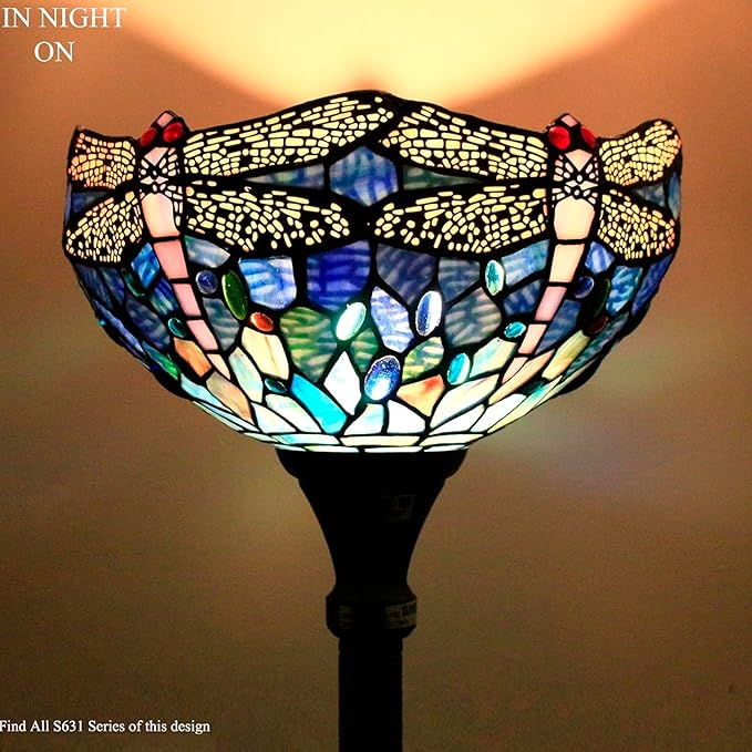 WERFACTORY Tiffany Floor Lamp Sea Blue Stained Glass Dragonfly Light 12X12X71 Inches Pole Torchiere Standing Corner Torch Uplight Decor Bedroom Living Room Home Office S631 Series