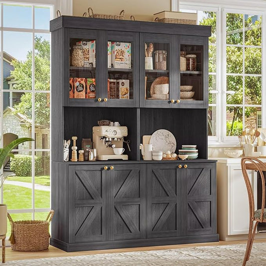 Vyre 71" Farmhouse Kitchen Pantry Cabinet Set of 2, Black Freestanding Coffee Bar Hutch with Glass Doors & Adjustable Shelves, Large Storage Cabinet with Microwave Stand for Living Room & Kitchen
