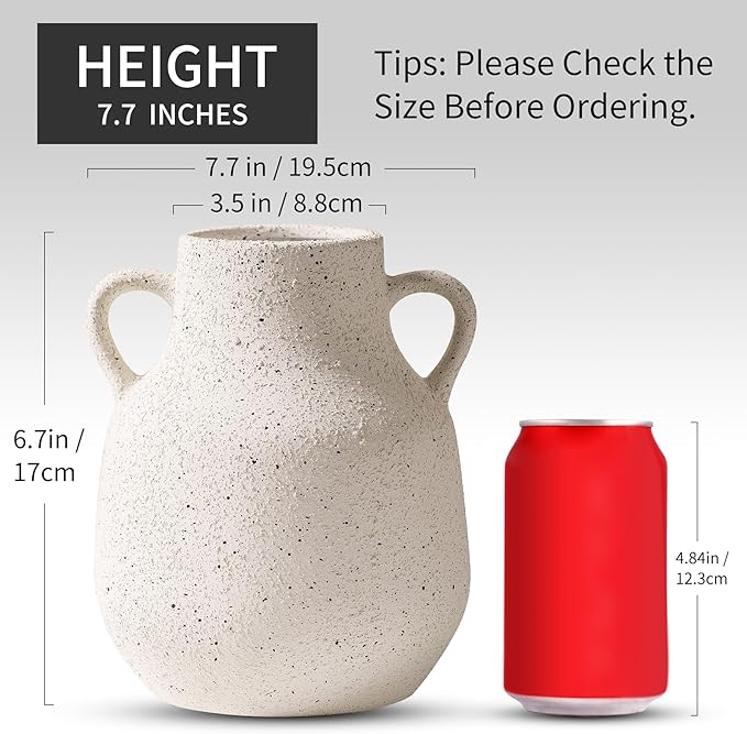 Vintage Farmhouse Flower Round Ceramic Vase with 2 Handles, Rustic Pampas Grass Vase, White Modern Decorative Flower Ceramic Vase for Home Decor, Table, Living Room Decoration, Office, 7.7 Inch