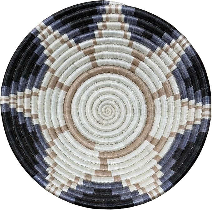 Handwoven African Basket Handmade sisal Fruit Bowl Wall Hanging decorative Baskets for Home Living Room Kitchen Centerpiece Zen Designs Arts and Crafts (Black Beige Floral, 8in diameter)