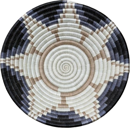 Handwoven African Basket Handmade sisal Fruit Bowl Wall Hanging decorative Baskets for Home Living Room Kitchen Centerpiece Zen Designs Arts and Crafts (Black Beige Floral, 8in diameter)