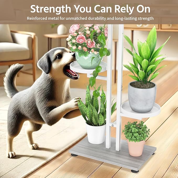 LASZOLA White 3 Tiered Plant Stand Indoors Heavy Duty Metal Rack, Sturdy Multi Level Shleving Hold Flowers, Larger House Decorate Ladder for Planting Inside Tree Herb Cactus, Wooden Base, Space Saving