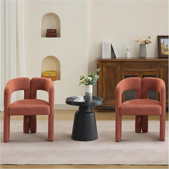 Modern Barrel Dining Chairs Set of 2, Upholstered Linen Dining Room Chair with Wooden Legs, Accent Chairs for Kitchen/Dining Room/Living Room,Orange