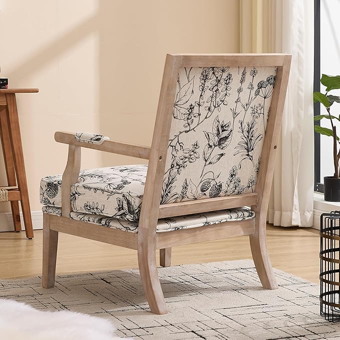 Floral Accent Chair Set of 2 Mid-Century Modern Living Room Chairs Upholstered Linen Lounge Armchair with Solid Wood Frame & Removable Cushion for Bedroom, Balcony, Floral Pattern