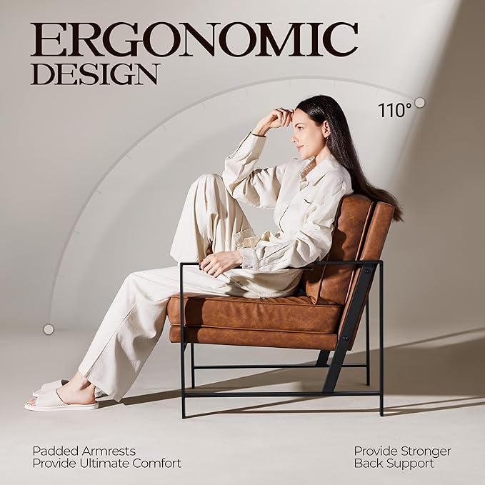 Yaheetech PU Leather Armchair, Retro Leisure Accent Chair with Extra Soft Padded and Cushion, Modern Reading Arm Chair with Black Metal Frame for Living Room/Office/Bedroom/Study, Light Brown