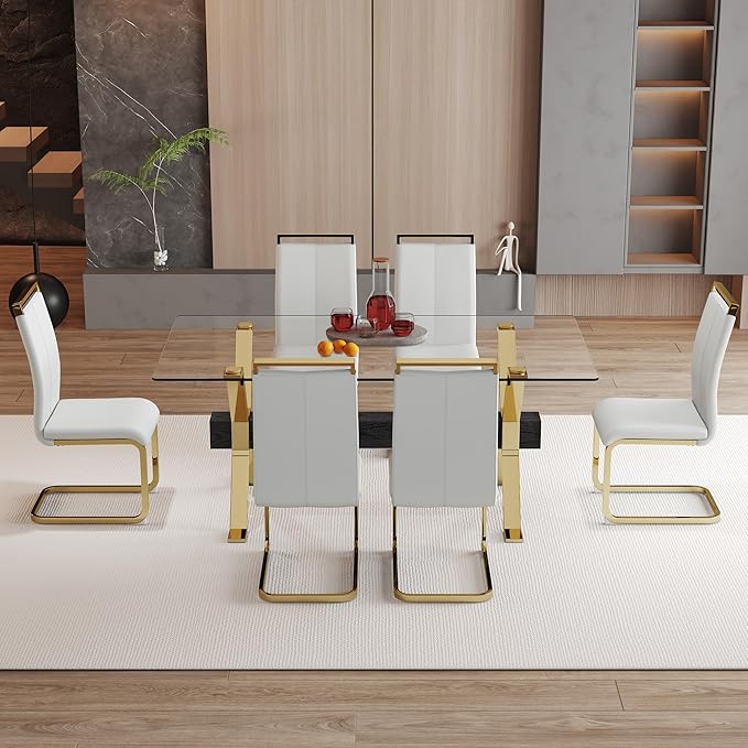 7 Piece Glass Dining Table Set, Kitchen Table Chairs Set for 6, 71'' Dining Table with 0.4" Tempered Glass Tabletop with Plated Metal Legs and MDF Crossbar, 6 PU Chairs for Dining Room, Kitchen.