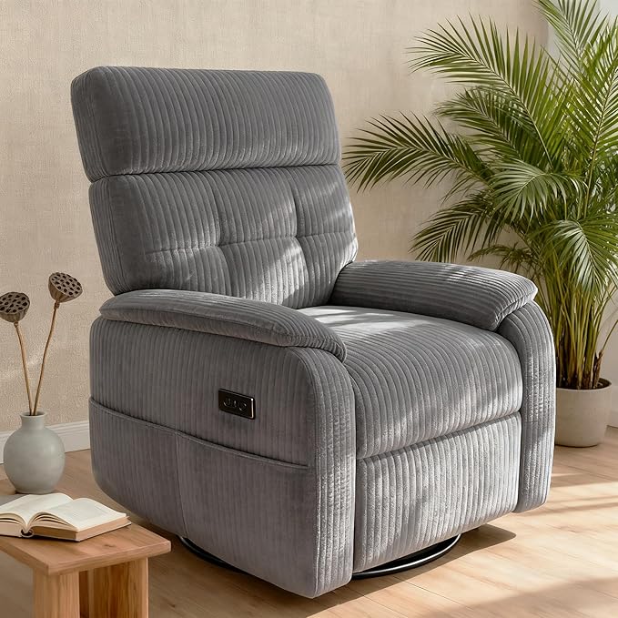 Overized Power Swivel Rocker Recliner Chair,Comfy Corduroy Sofa Reclining for Adults,Adjustable Rocker Reclining Sofa Lounge with USB&Type-C Ports,Side Pocket,for Living Room,Grey