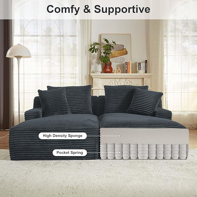 GNIXUU 78.8" Oversized Double Boneless Chaise Lounges Sofa, Plush Corduroy Sectional Cloud Couch Upholstered Memory Foam Loveseat Sleeper Chair Bed with Soft Pillows for Living Room Bedroom(Drak Gray)