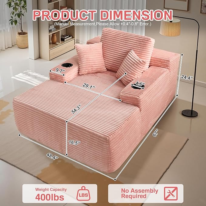Chaise Lounge Chair Indoor, 67" Oversized Comfy Plush Fur Sleeper Sofa Bed with Cup Holders and Wide Armrests, Boneless Upholstered Recliner Bed, Modern Cloud Couch for Living Room, Pink