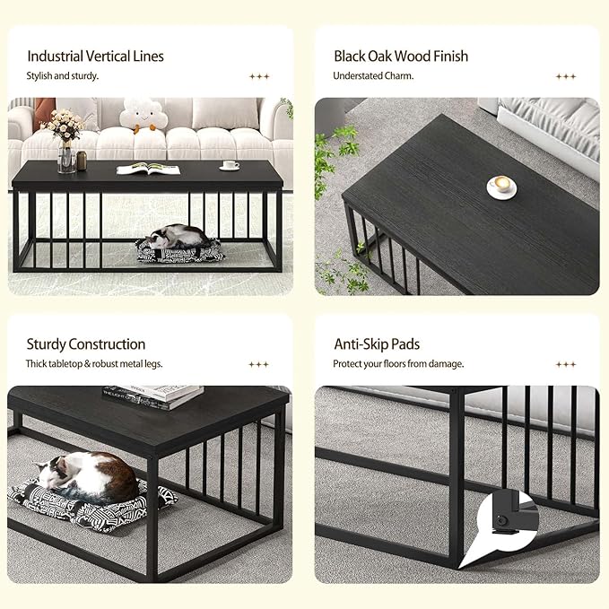 FOLUBAN Black Coffee Table, Modern Industrial Wood and Metal Center Table, Rectangle Cocktail Tea Table for Living Room, Black, 43.3 Inch