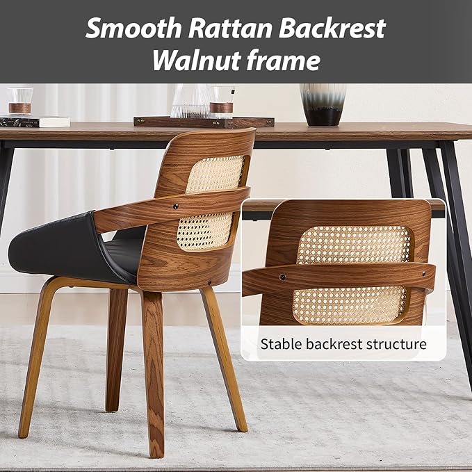 Dining Chairs Set of 2, Mid Century Modern Dining Room Chairs with Arms and Rattan Back PU Leather Upholstered Bentwood Kitchen Chairs for Home Restaurant Office - Black