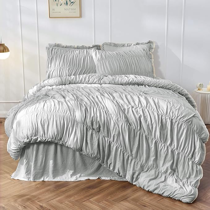 Bonlino King Size Comforter Set Bedding - Ruched Light Grey Comforter King Bed Set Boho Shabby Chic Comforter Fluffy 3 Piece Ruffle Comforter Set Pillow Girl Bedding Soft and Luxury