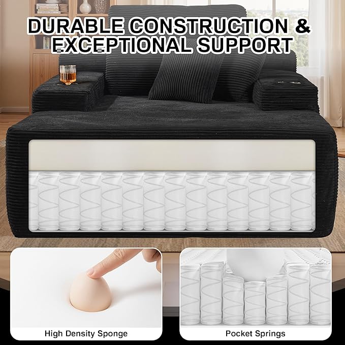 Chaise Lounge Chair Indoor, 67" Oversized Comfy Corduroy Sleeper Sofa Bed with Cup Holders and Wide Armrests, Boneless Upholstered Recliner Bed, Modern Cloud Couch for Living Room, Black