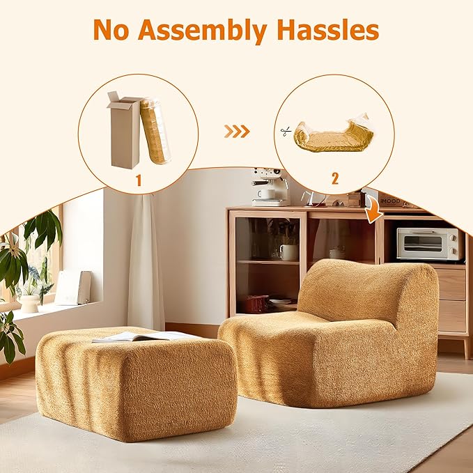Lazy Sofa Chair, Modern Comfy Raindrop Velvet Fabric Deep Seat Armless Lounge Chair Movable Ottoman Set, 1-Seater Modular Sectional Sleeper Couch for Living Room, Bedroom, Office, Salon,Yellow