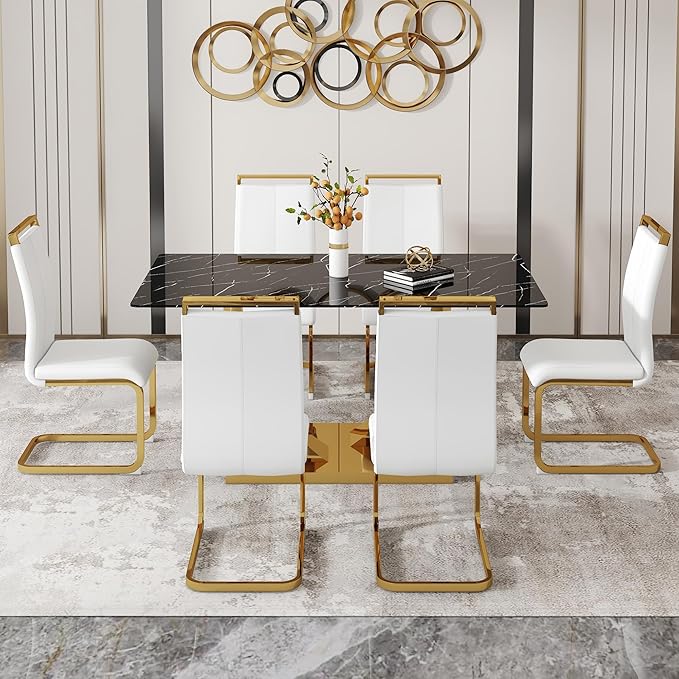 63” Dining Room Table Set for 6,Modern Gold Dining Table Set for 6, Rectangle kitchen Table Set With PU Leather Chairs,Black Faux Marble Dinner Table Set with Tempered Glass Top and Golden Base